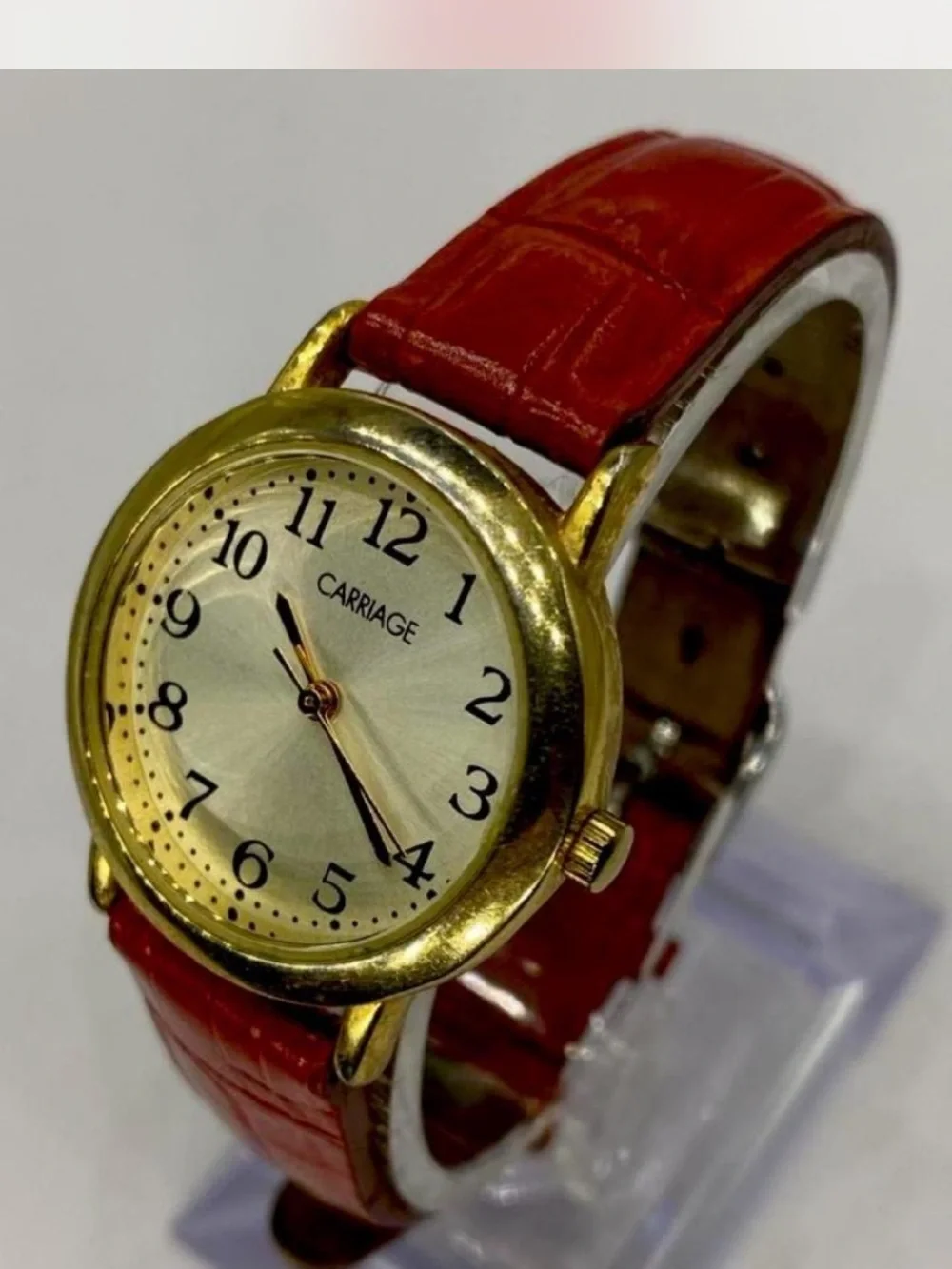 *** Carriage  ^^^ Gold-Tone Watch  \  Ruby Red Strap  ***